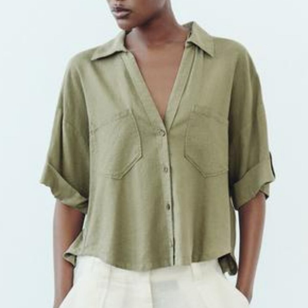 Zara Linen Blend Short Sleeve Shirt Size XS